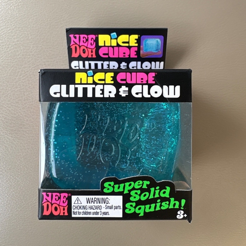 NeeDoh Nice Cube Glitter & Glow Teal Blue Super Solid Squish Fidget Toy NEW